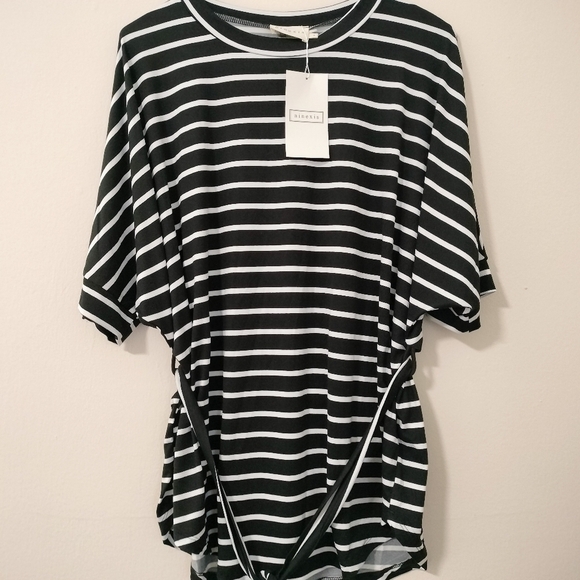 Ninexis Size Small Black White Striped Tunic Top Tie Waist Short Sleeves NWT - Picture 6 of 7